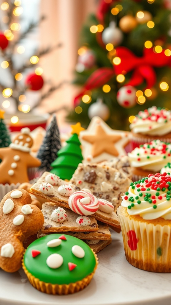 An assortment of Christmas baked treats including gingerbread cookies, peppermint bark, and festive cupcakes on a holiday-themed table.